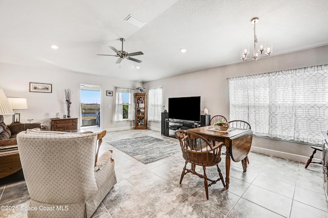 living area with recessed lighting, visible vents, baseboards, and ceiling fan with notable chandelier