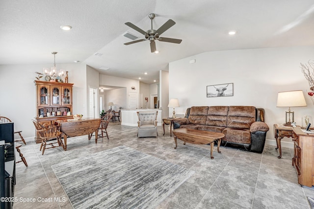 living area featuring lofted ceiling, ceiling fan with notable chandelier, visible vents, and baseboards