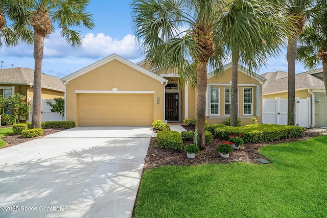 view of front of home with a garage, fence, a gate, and stucco siding