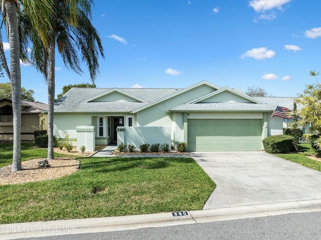 ranch-style home featuring a garage, concrete driveway, roof with shingles, stucco siding, and a front lawn