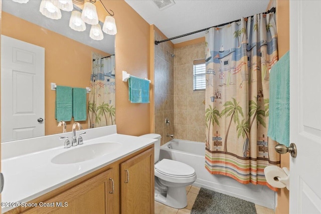 full bath with shower / tub combo, visible vents, toilet, tile patterned flooring, and vanity