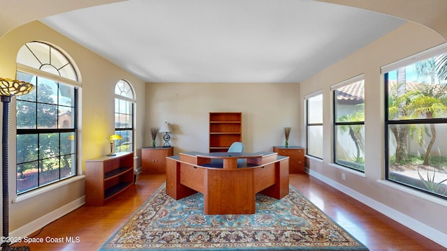 office with baseboards and wood finished floors