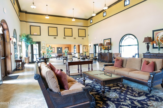 living area with a healthy amount of sunlight, a towering ceiling, and ornamental molding