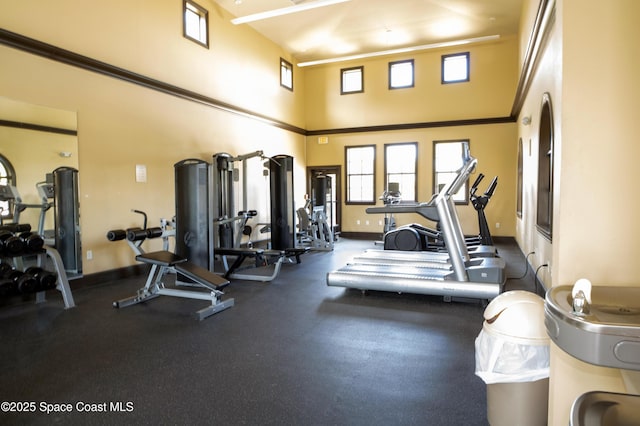 exercise room with a high ceiling, crown molding, and baseboards