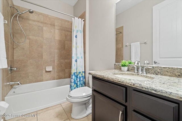 full bath featuring shower / bath combination with curtain, tile patterned flooring, vanity, and toilet