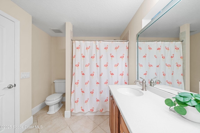 full bathroom featuring a textured ceiling, visible vents, toilet, vanity, and tile patterned flooring