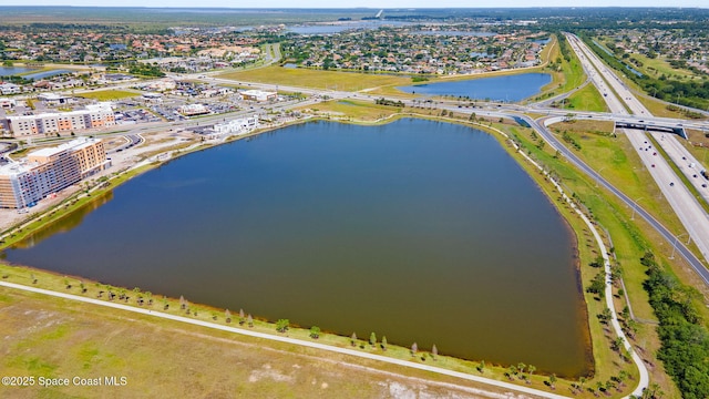 bird's eye view with a water view