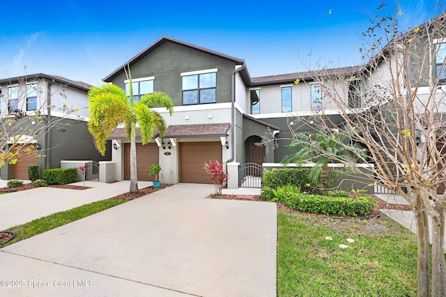 townhome / multi-family property with a garage, concrete driveway, a gate, fence, and stucco siding