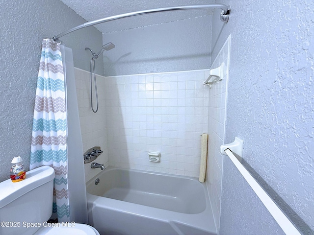 bathroom with a textured ceiling, a textured wall, toilet, and shower / tub combo with curtain