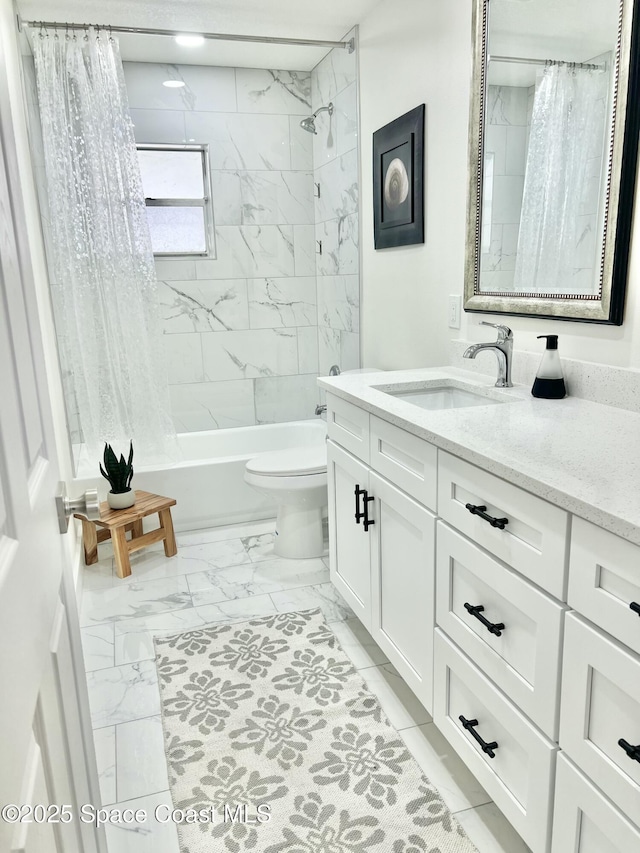 1151 Covina St, Cocoa, FL 32927 - bathroom with marble look tile flooring, shower / bath combo with shower curtain, toilet, and vanity