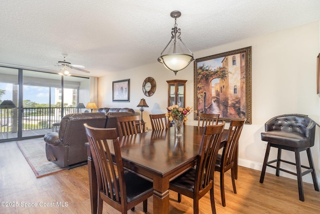 dining space featuring expansive windows, baseboards, a textured ceiling, and light wood finished floors