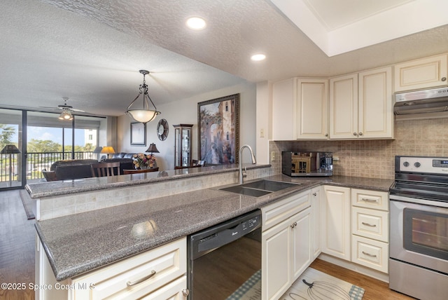 kitchen featuring dishwasher, backsplash, under cabinet range hood, stainless steel range with electric stovetop, and a sink