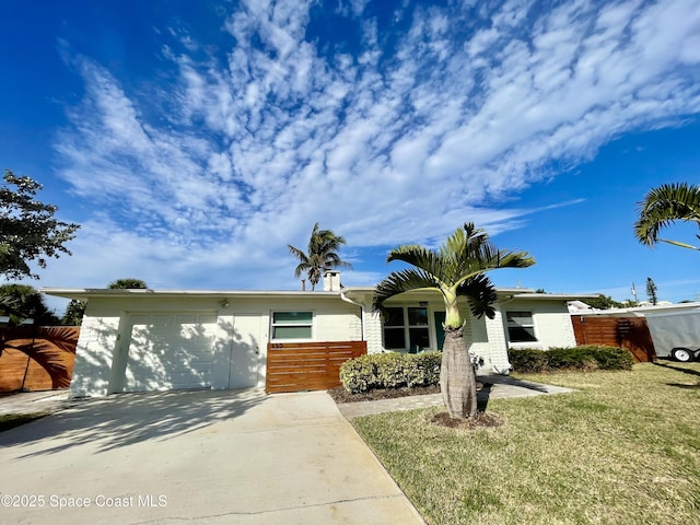 ranch-style home with a front yard and fence