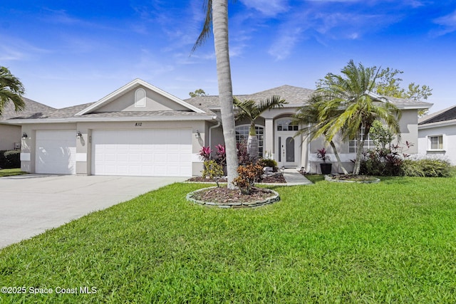 ranch-style house with a garage, driveway, a front lawn, and stucco siding