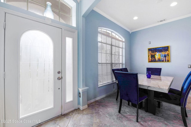 dining room featuring recessed lighting, baseboards, visible vents, and ornamental molding
