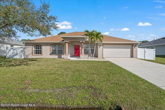 view of front of property featuring driveway, a front yard, fence, and stucco siding