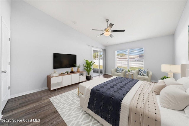 bedroom with baseboards, a ceiling fan, lofted ceiling, wood finished floors, and access to exterior