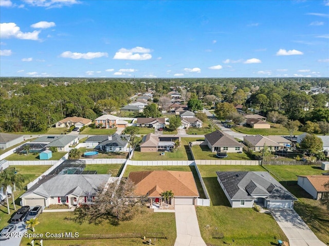 birds eye view of property featuring a forest view and a residential view