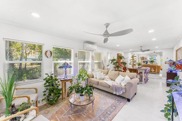 living area with marble finish floor, ceiling fan, an AC wall unit, and recessed lighting