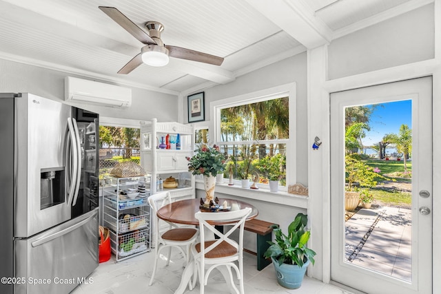 kitchen featuring a ceiling fan, beam ceiling, stainless steel fridge with ice dispenser, a wall mounted air conditioner, and crown molding