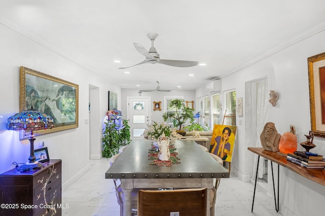 dining space featuring marble finish floor, crown molding, and baseboards