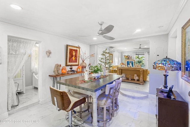 dining room featuring baseboards, a ceiling fan, ornamental molding, marble finish floor, and recessed lighting