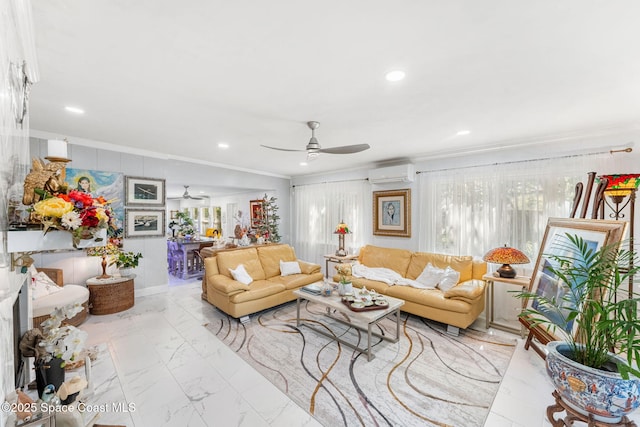 living room with marble finish floor, ornamental molding, a wall mounted AC, and a wealth of natural light