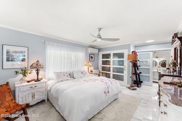 bedroom featuring ornamental molding, a wall mounted air conditioner, and a ceiling fan