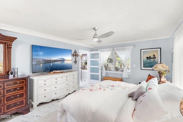 bedroom with ceiling fan and crown molding