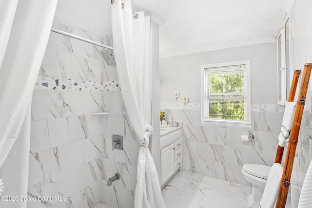 full bath featuring marble finish floor, tile walls, a marble finish shower, toilet, and ornamental molding