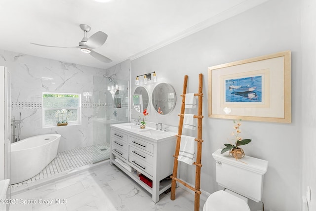 full bathroom with a marble finish shower, ceiling fan, marble finish floor, a freestanding bath, and vanity