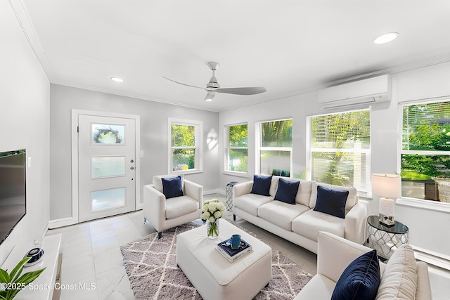 living room featuring a wall mounted AC, recessed lighting, a ceiling fan, and crown molding