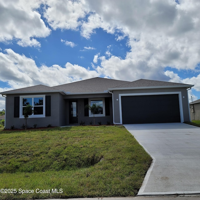 ranch-style house with a garage, driveway, a front yard, and stucco siding