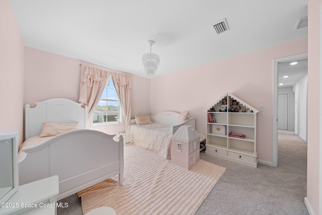 bedroom featuring a notable chandelier, recessed lighting, carpet flooring, visible vents, and baseboards