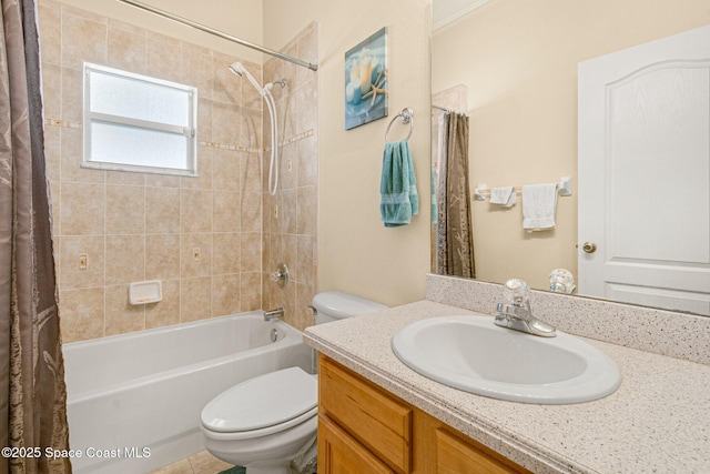 bathroom with toilet, shower / tub combo, and vanity