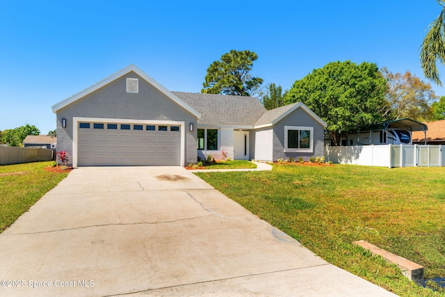 view of front of property featuring a garage, driveway, a front yard, and fence