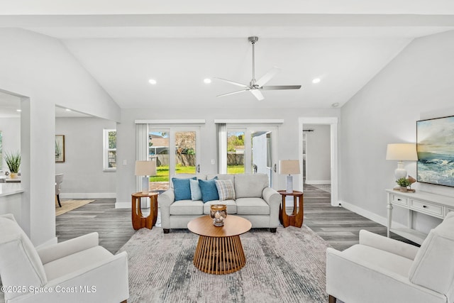 living area featuring baseboards, wood finished floors, and recessed lighting