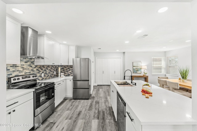 kitchen with stainless steel appliances, tasteful backsplash, visible vents, a sink, and wall chimney exhaust hood