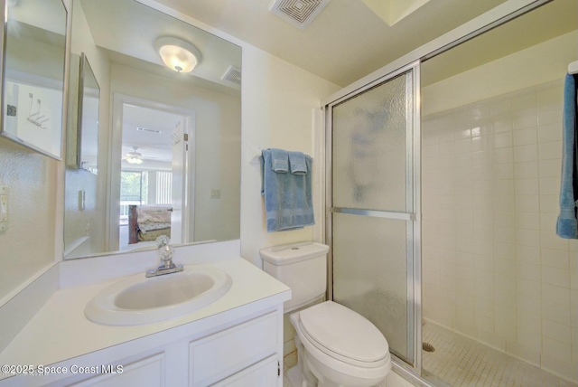 ensuite bathroom with ensuite bathroom, toilet, a stall shower, and visible vents