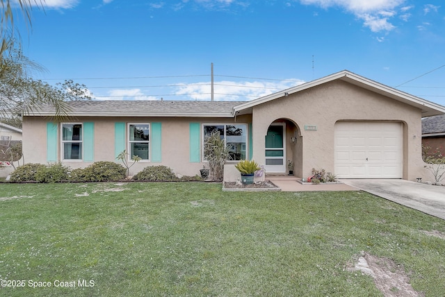 single story home featuring a garage, concrete driveway, roof with shingles, stucco siding, and a front lawn