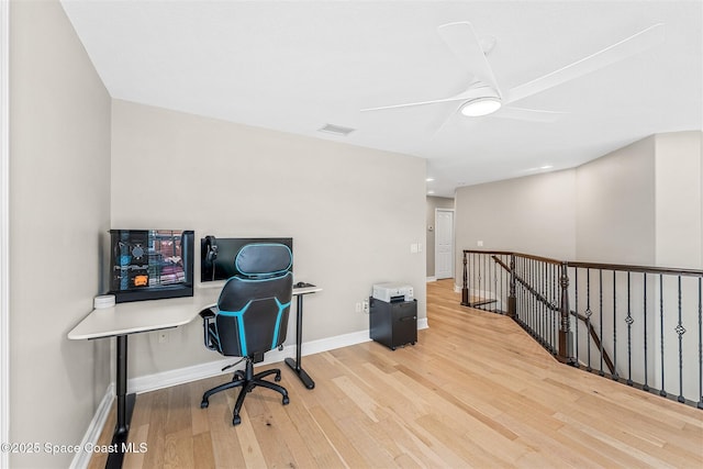 office area with visible vents, ceiling fan, wood finished floors, and baseboards