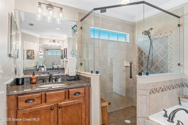 full bathroom with a shower stall, visible vents, and ornamental molding