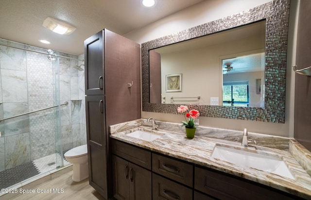 full bathroom with toilet, a shower stall, double vanity, and a sink