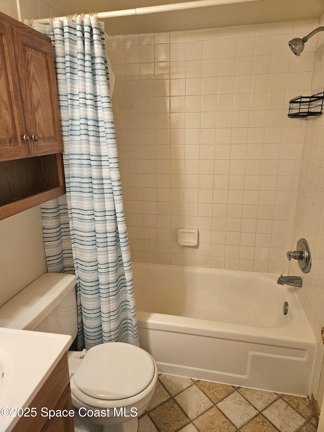 full bath featuring vanity, toilet, and shower / bathtub combination with curtain