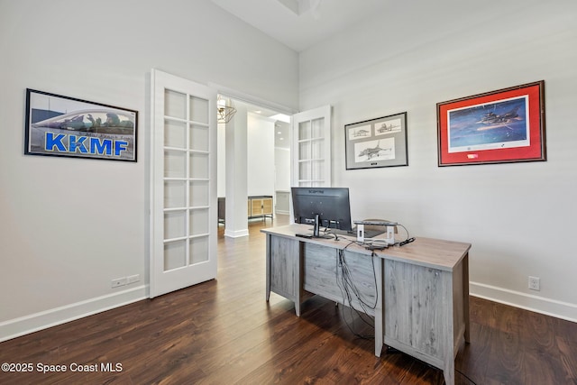 office area with dark wood-style floors and baseboards