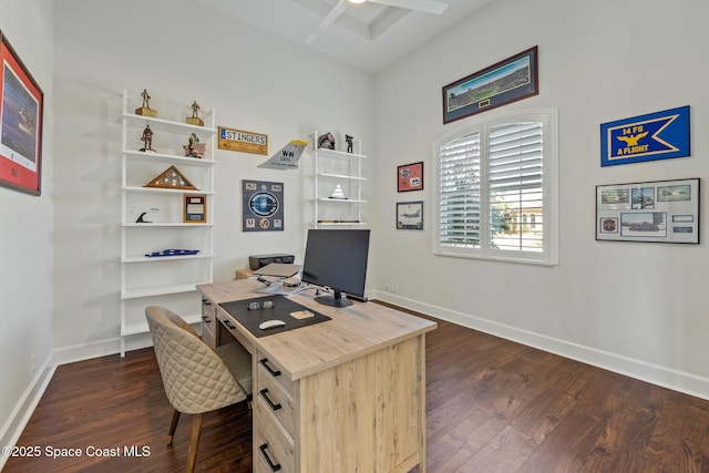 office area with dark wood-type flooring and baseboards