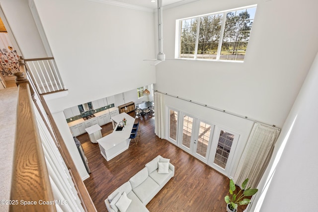 living room featuring ornamental molding, wood finished floors, a towering ceiling, and a ceiling fan