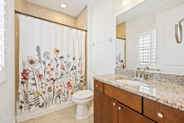 full bathroom with shower / bath combo, tile patterned flooring, vanity, and toilet