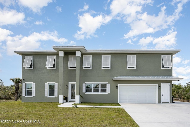 view of property with an attached garage, stucco siding, concrete driveway, and a front yard