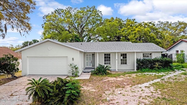 single story home featuring a garage, covered porch, driveway, and stucco siding